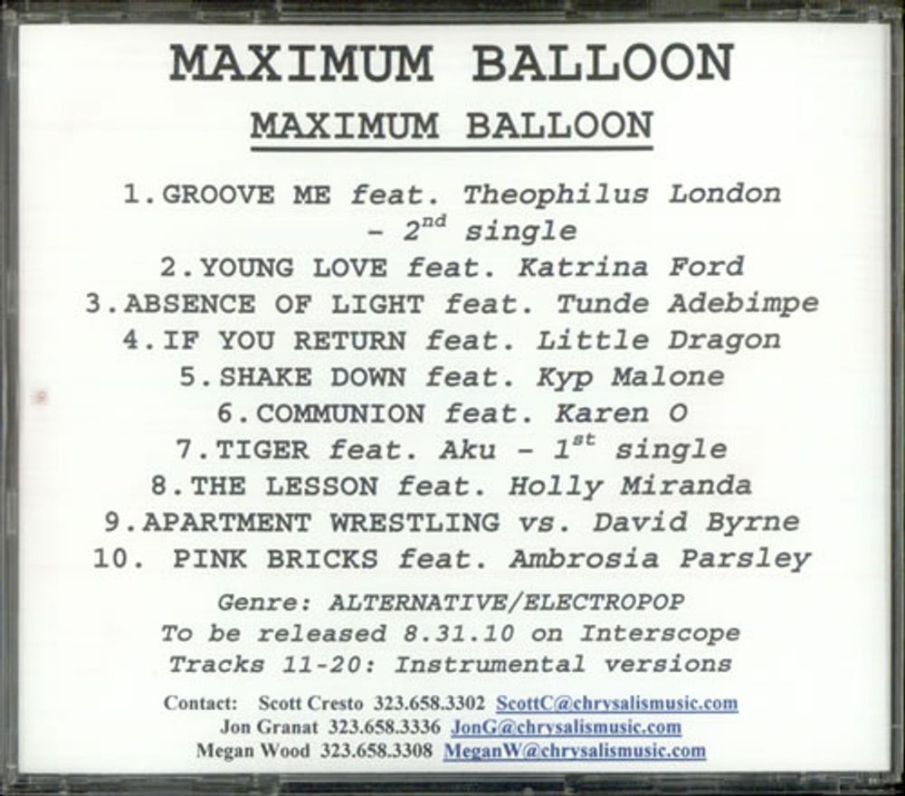 Maximum Balloon Maximum Balloon + Instrumentals US Promo CD-R acetate CDR ACETATE