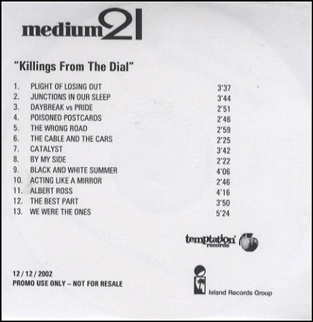 Medium 21 Killings From The Dial UK Promo CD-R acetate CD-R ACETATE