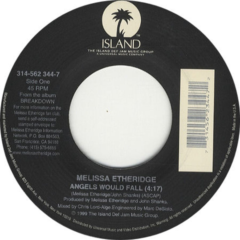 Melissa Etheridge Angels Would Fall US 7" vinyl single (7 inch record / 45) 314-562344-7