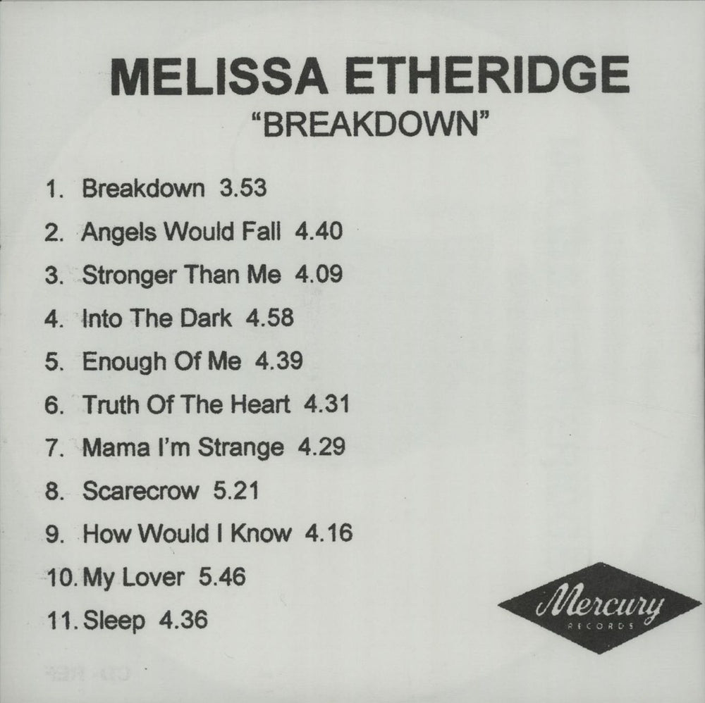 Melissa Etheridge Breakdown UK Promo CD-R acetate CD ACETATE