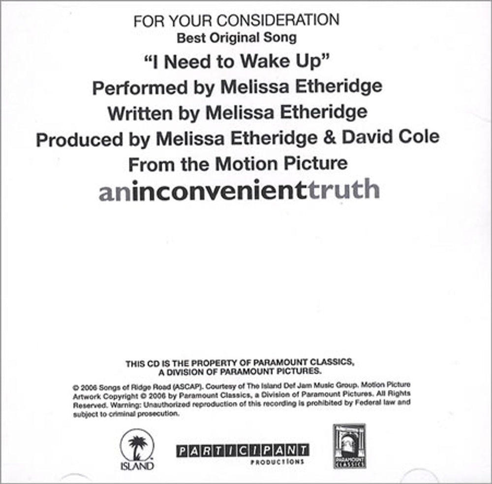 Melissa Etheridge I Need To Wake Up - For Your Consideration US Promo CD single (CD5 / 5") 347-INEED