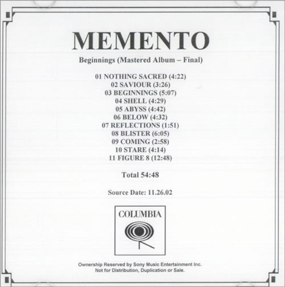 Memento Beginnings UK Promo CD-R acetate CD-R ACETATE