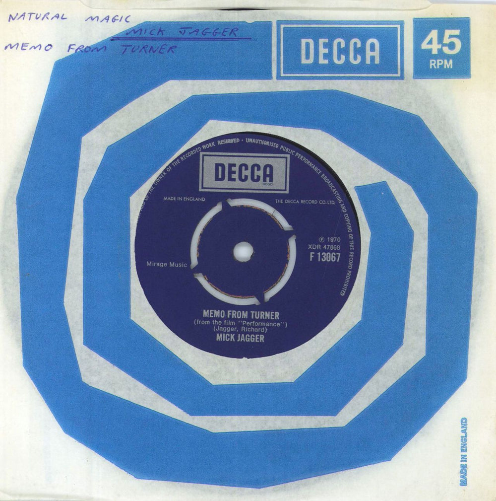 Mick Jagger Memo From Turner - EX UK 7" vinyl single (7 inch record / 45) F13067