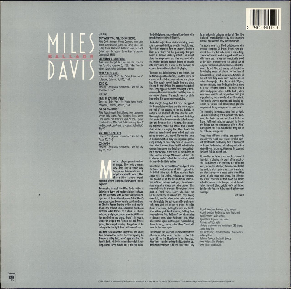 Miles Davis Ballads US vinyl LP album (LP record) 074644415117