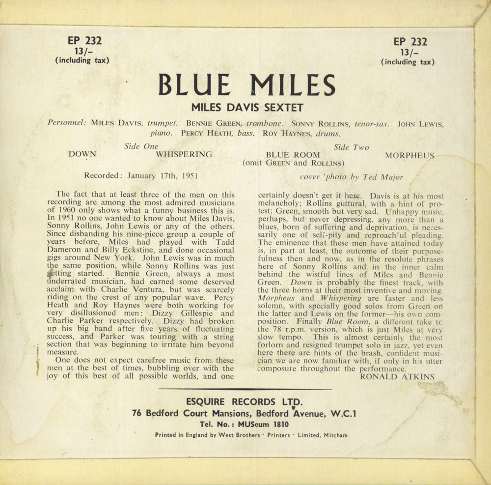 Miles Davis Blue Miles UK 7" vinyl single (7 inch record / 45)