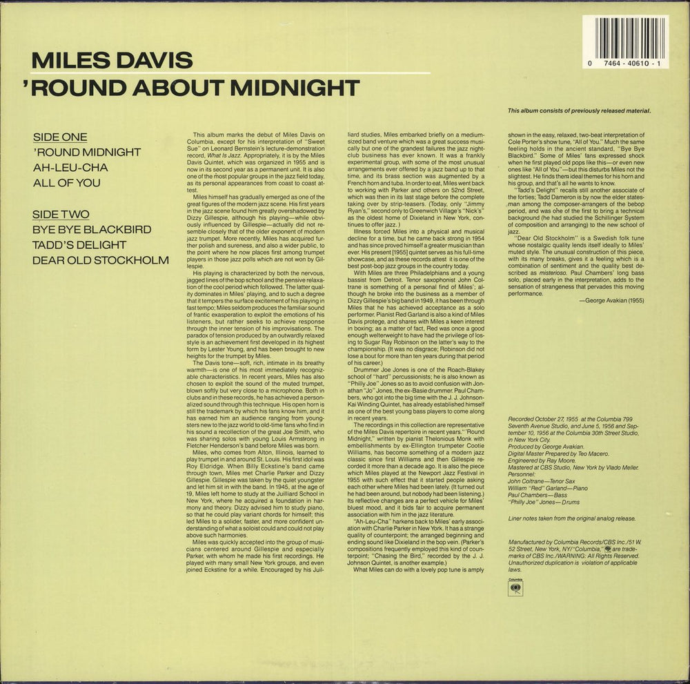 Miles Davis 'Round About Midnight US vinyl LP album (LP record) 074644061017