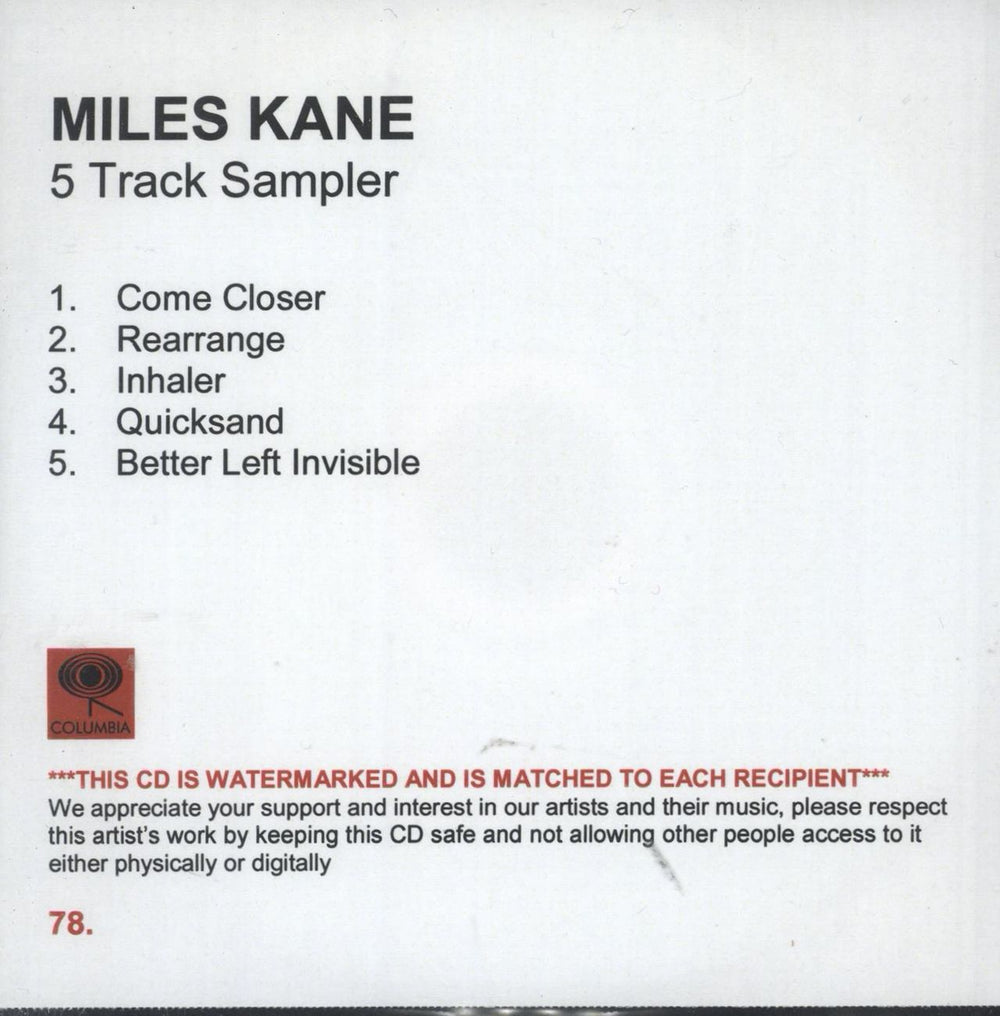 Miles Kane 5 Track Sampler UK Promo CD-R acetate CD-R