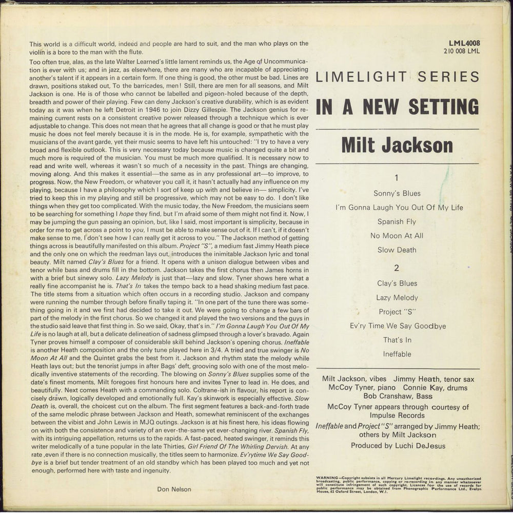 Milt Jackson In A New Setting UK vinyl LP album (LP record)