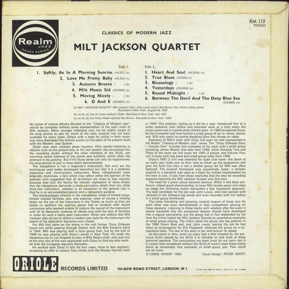 Milt Jackson Milt Jackson Quartet UK vinyl LP album (LP record)