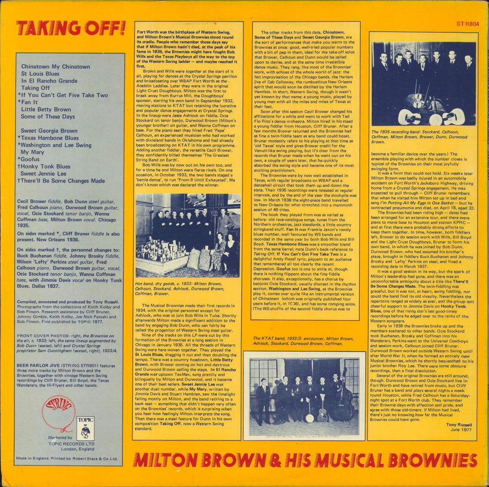 Milton Brown & His Musical Brownies Taking Off! UK vinyl LP album (LP record)