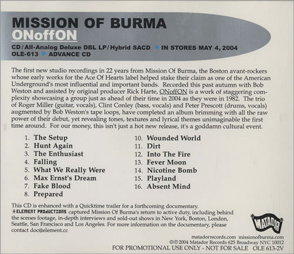 Mission Of Burma ONoffON US Promo CD album (CDLP) OLE613-2V