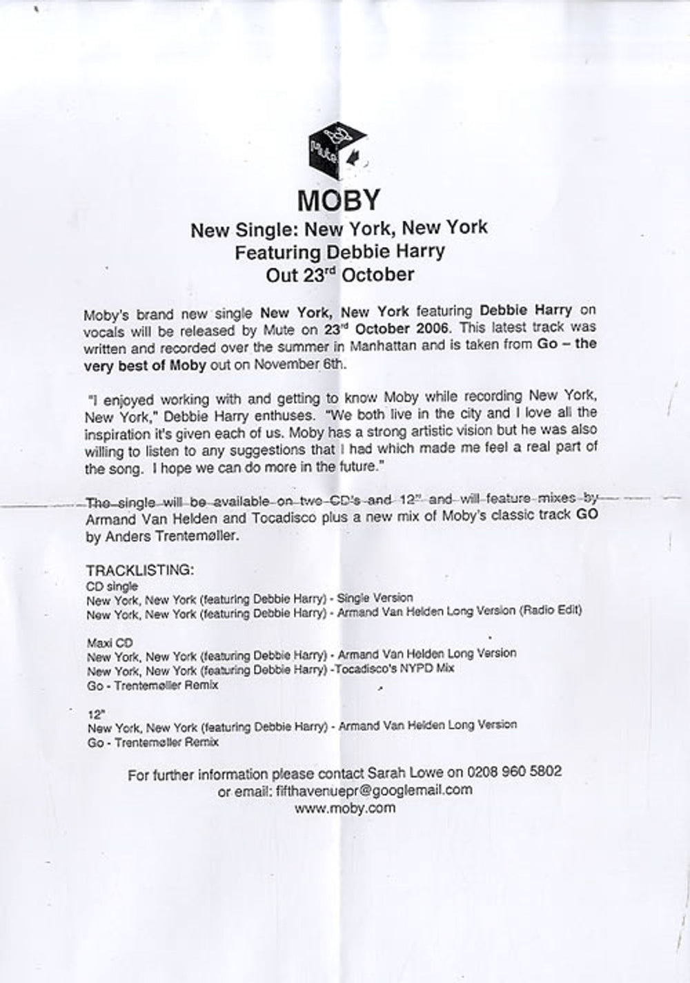 Moby New York, New York + Press Release UK CD-R acetate MBYCRNE386086