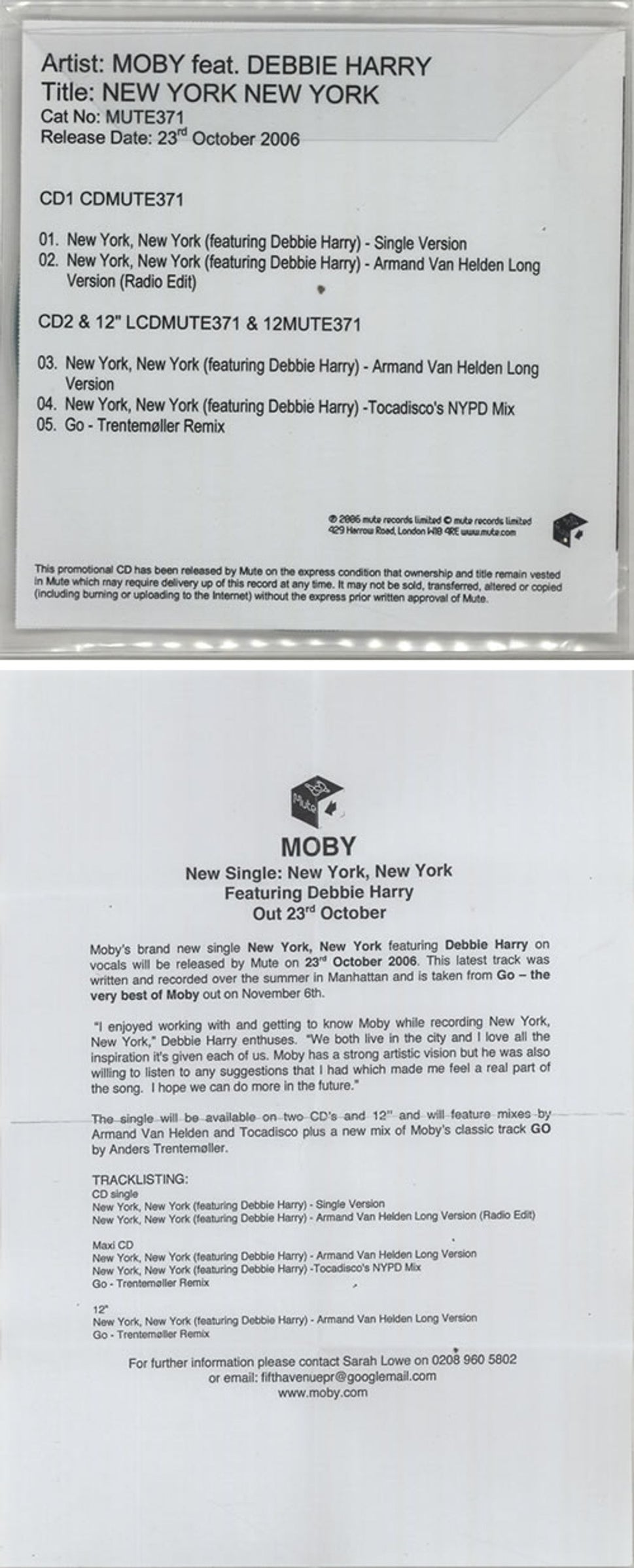 Moby New York, New York + Press Release UK Promo CD-R acetate MBYCRNE628722