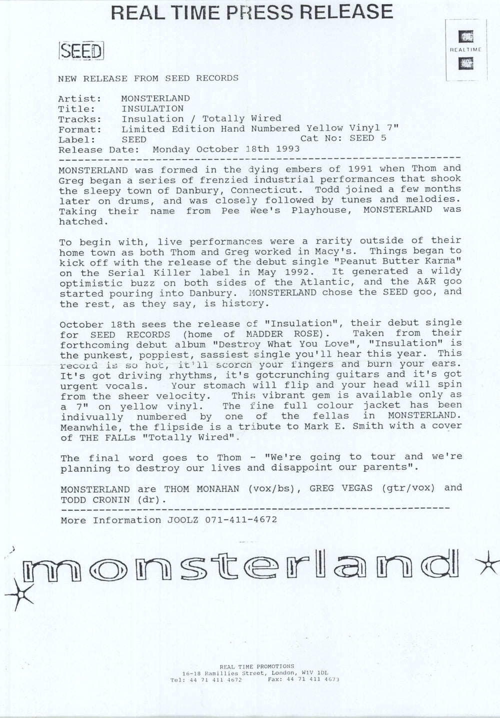 Monsterland Insulation - Yellow Vinyl + Numbered Sleeve US 7" vinyl single (7 inch record / 45)