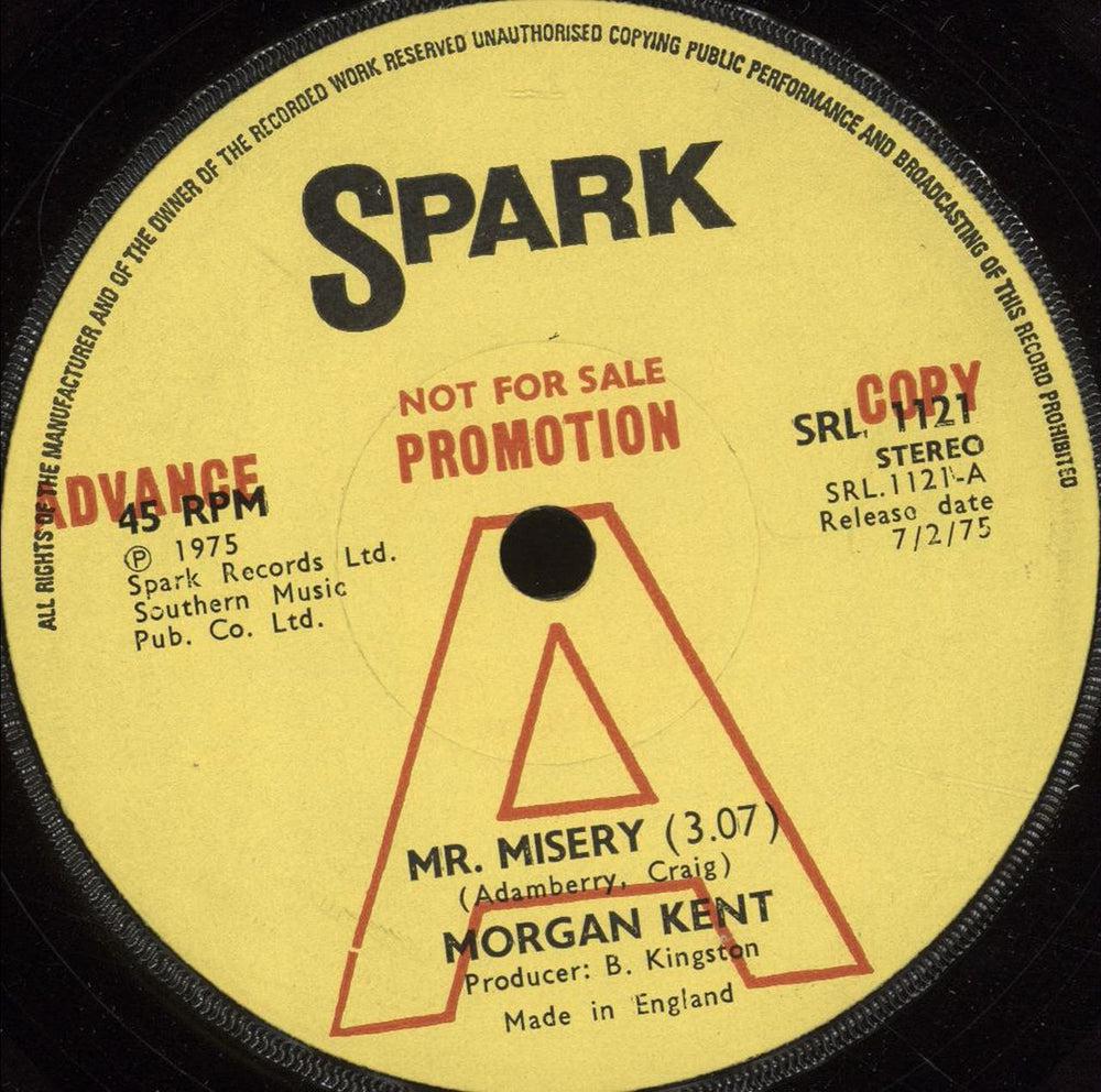 Morgan Kent Mr. Misery UK Promo 7" vinyl single (7 inch record / 45) SRL1121