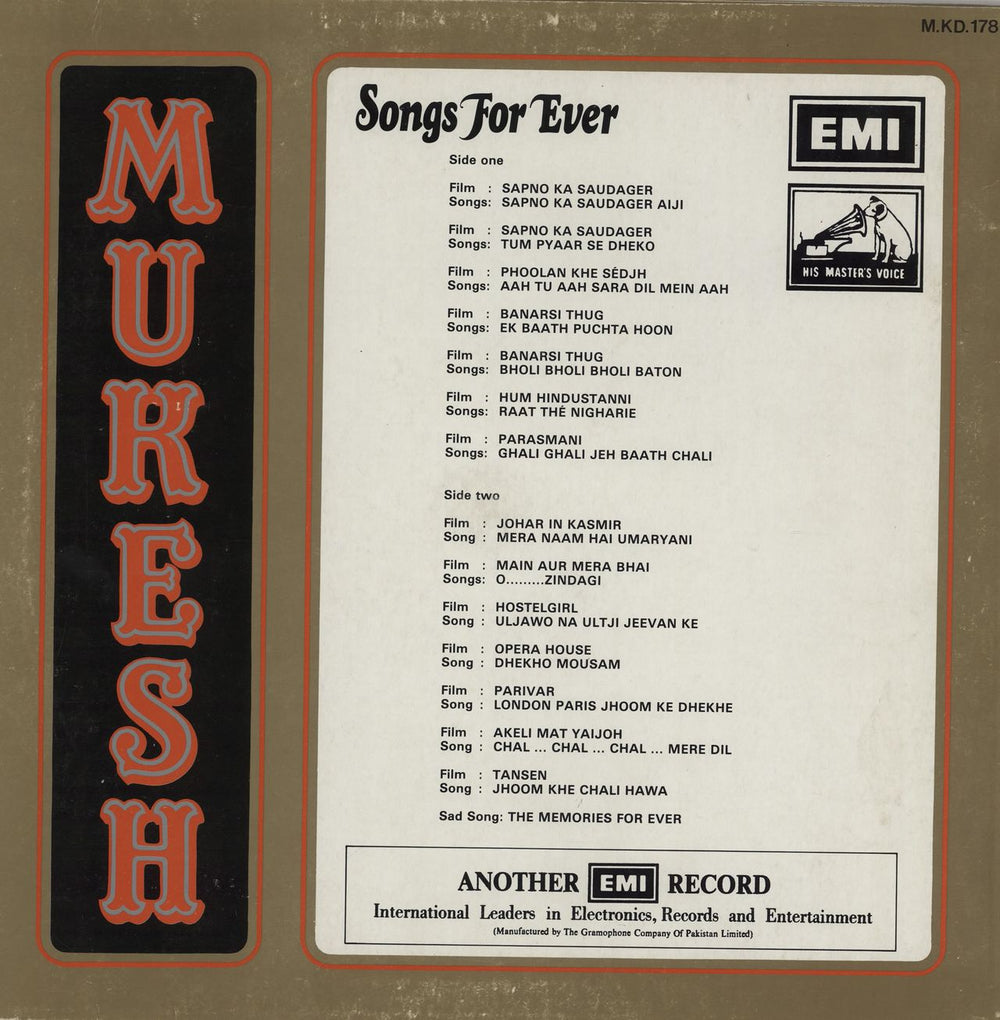 Mukesh Songs For Ever Pakistani vinyl LP album (LP record)