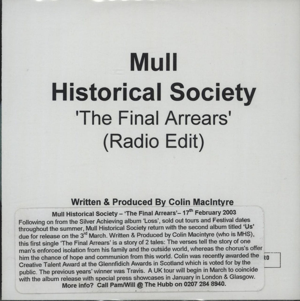 Mull Historical Society The Final Arrears (Radio Edit) UK Promo CD-R acetate CD-R