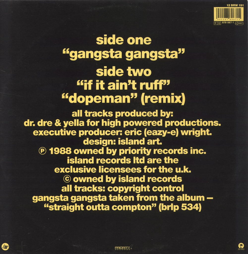 N.W.A. gangsta gangsta UK 12" vinyl single (12 inch record / Maxi-single) 5014474014468