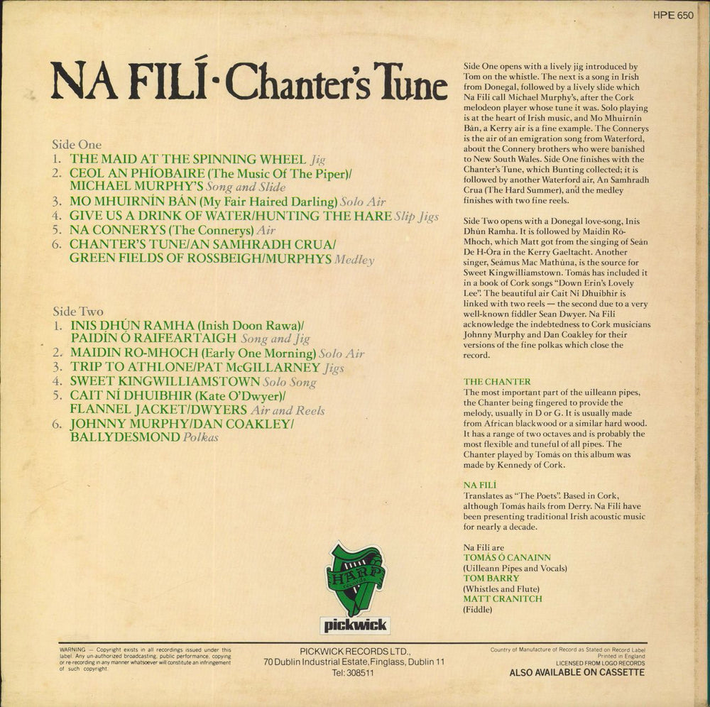 Na Filí Chanter's Tune Irish vinyl LP album (LP record)