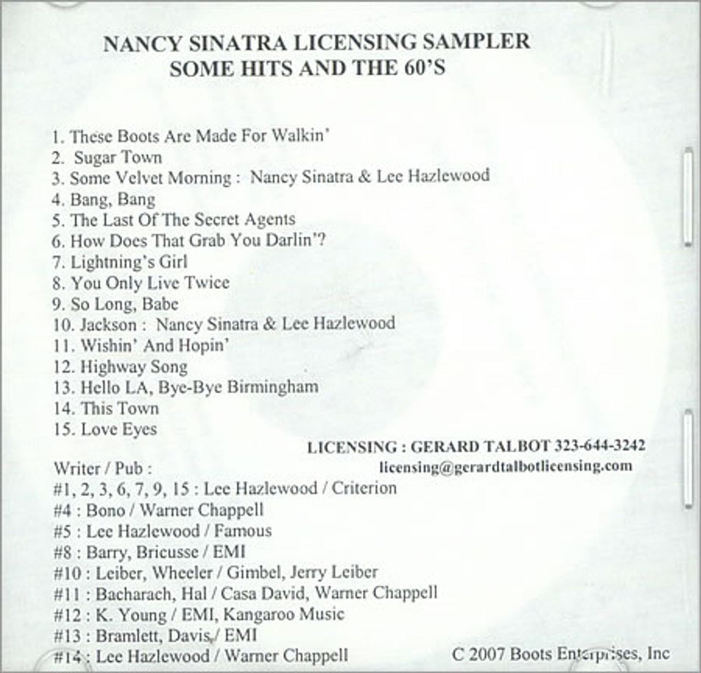 Nancy Sinatra Some Hits And The 60's US Promo CD-R acetate CD-R ACTETATE