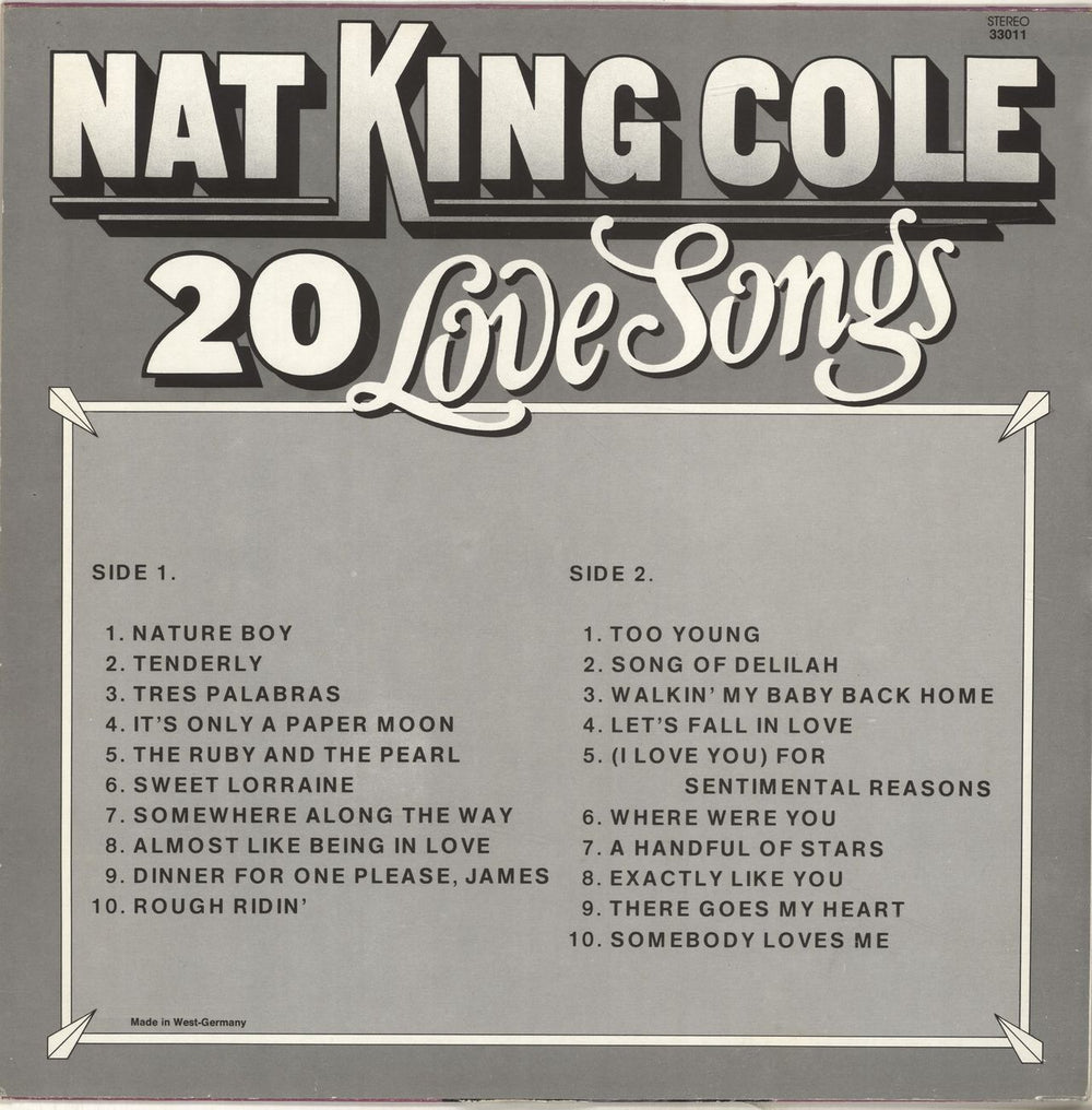 Nat King Cole 20 Love Songs German vinyl LP album (LP record)