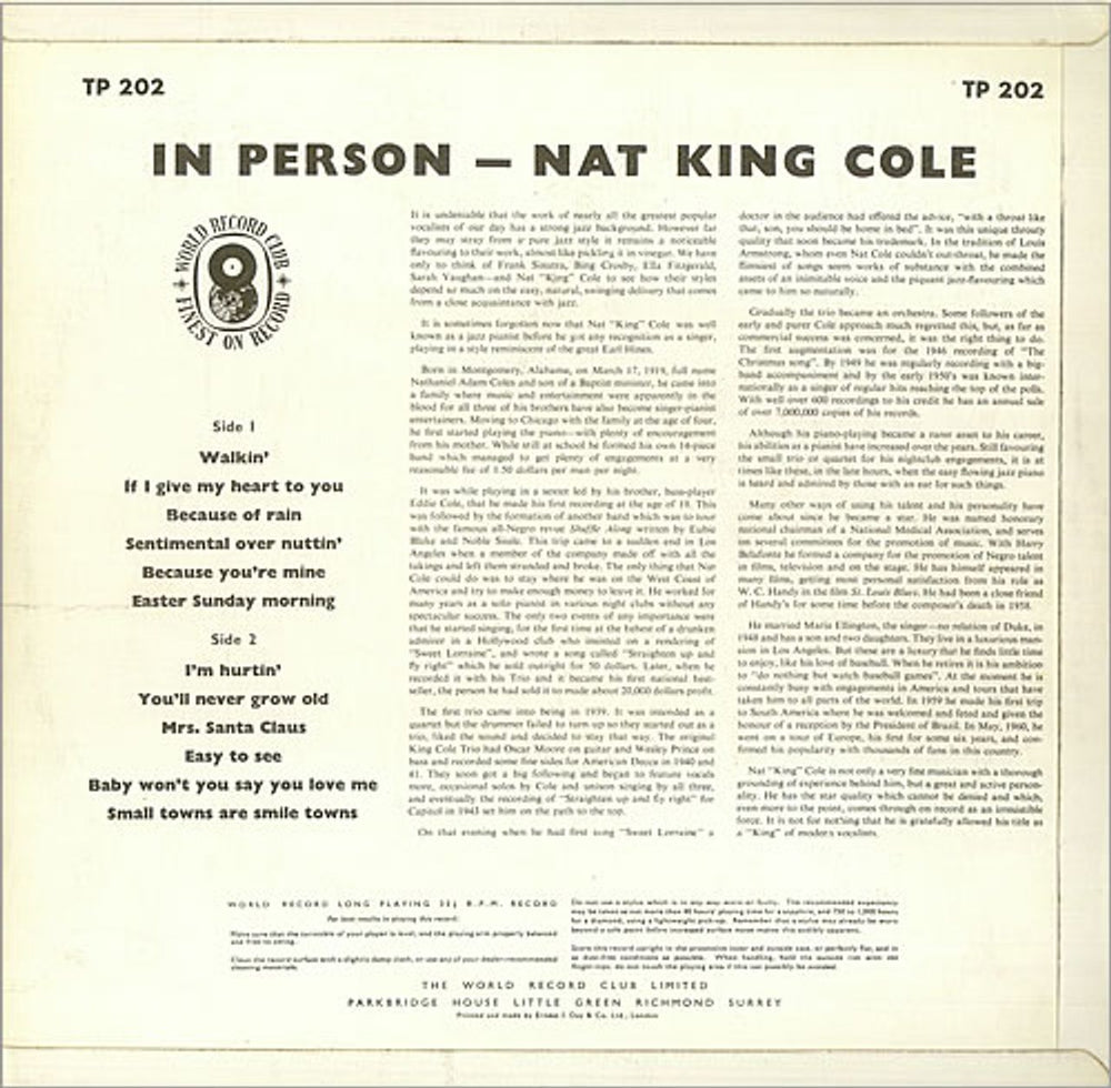 Nat King Cole In Person UK vinyl LP album (LP record) NKCLPIN362655