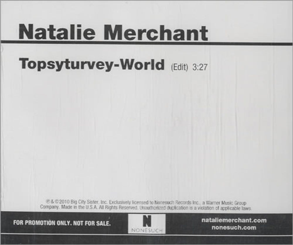 Natalie Merchant Topsyturvey-World US Promo CD single (CD5 / 5") PRO-CDR-524624