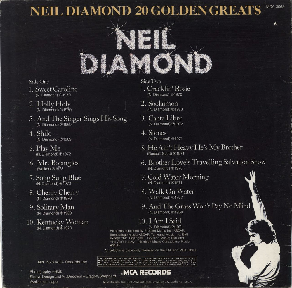 Neil Diamond 20 Golden Greats Canadian vinyl LP album (LP record)