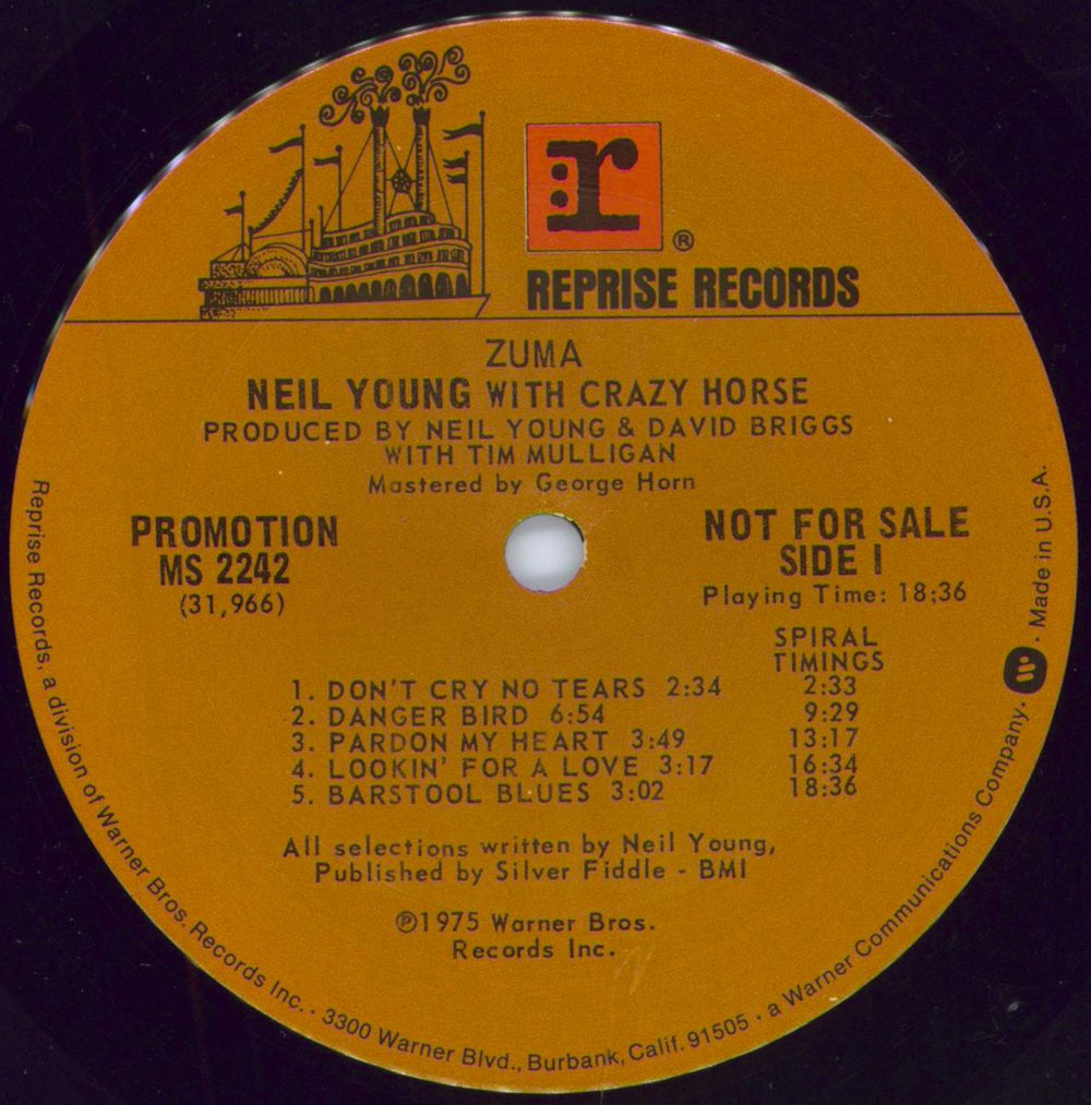 Neil Young Zuma - Complete - Spiral Timings US Promo vinyl LP album (LP record) YOULPZU360734