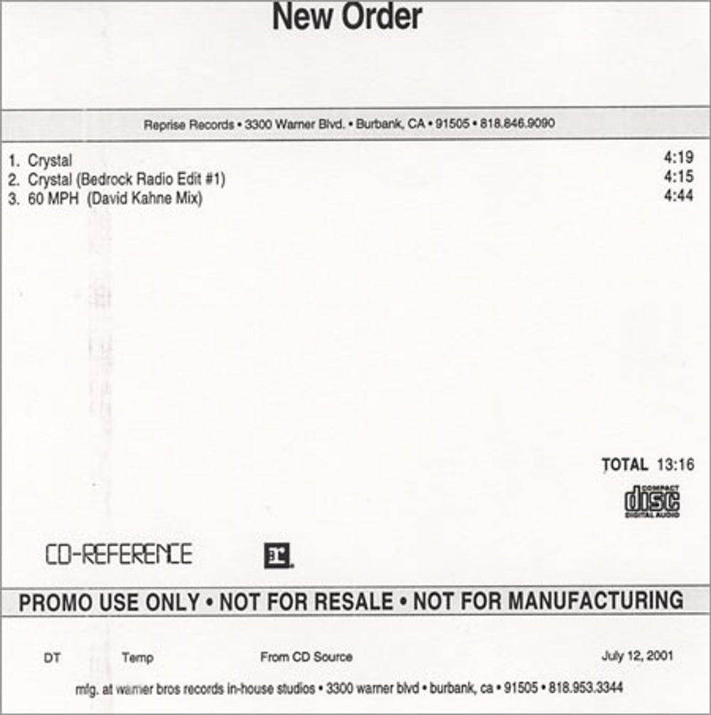 New Order Crystal US Promo CD-R acetate CDR