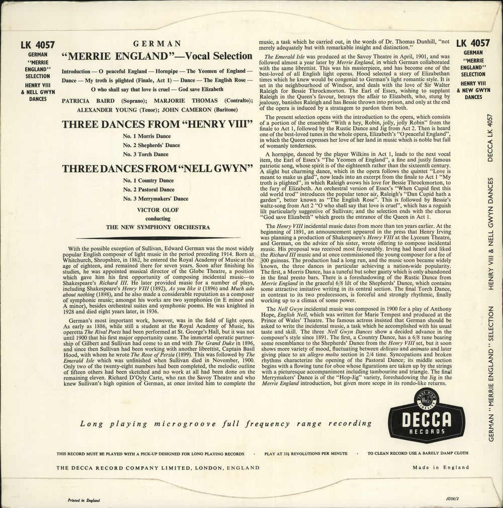 New Symphony Orchestra German "Merrie England" Vocal Selection UK vinyl LP album (LP record)