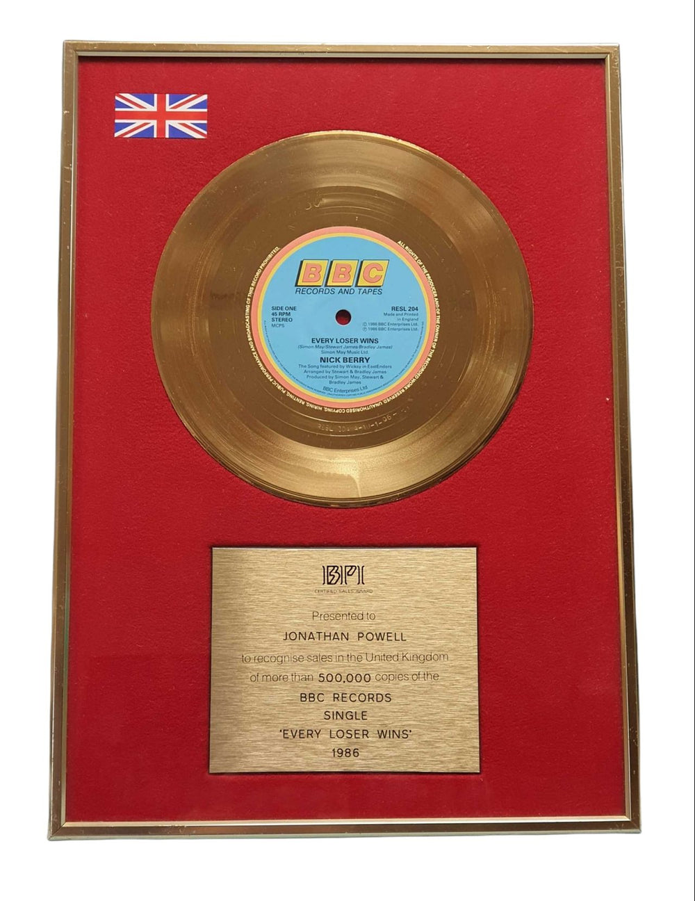 Nick Berry Every Loser Wins UK award disc AWARD