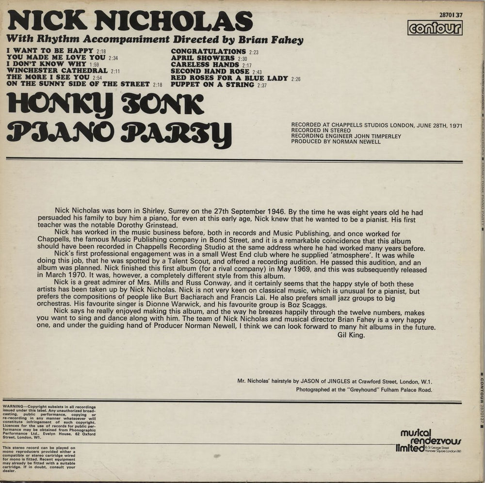 Nick Nicholas Honky Tonk Piano Party UK vinyl LP album (LP record)