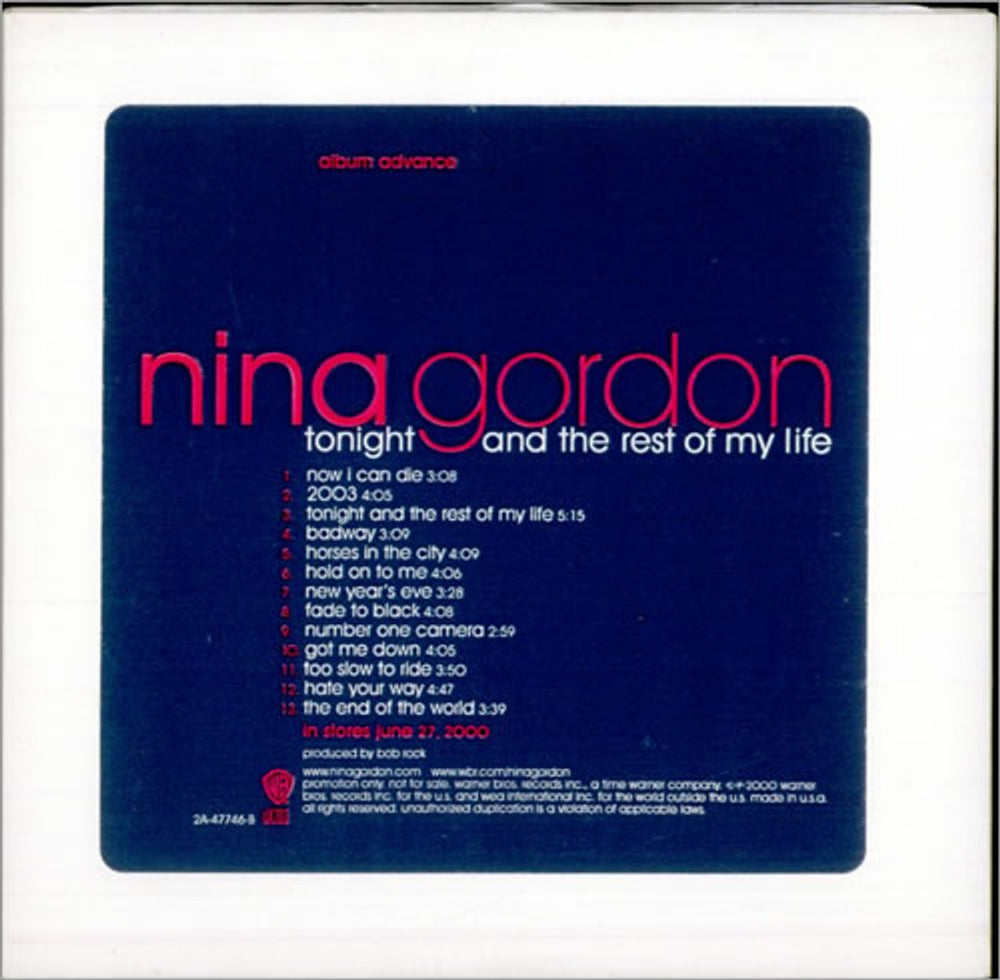 Nina Gordon Tonight & The Rest Of My Life US Promo CD album (CDLP) 2A-47746-B