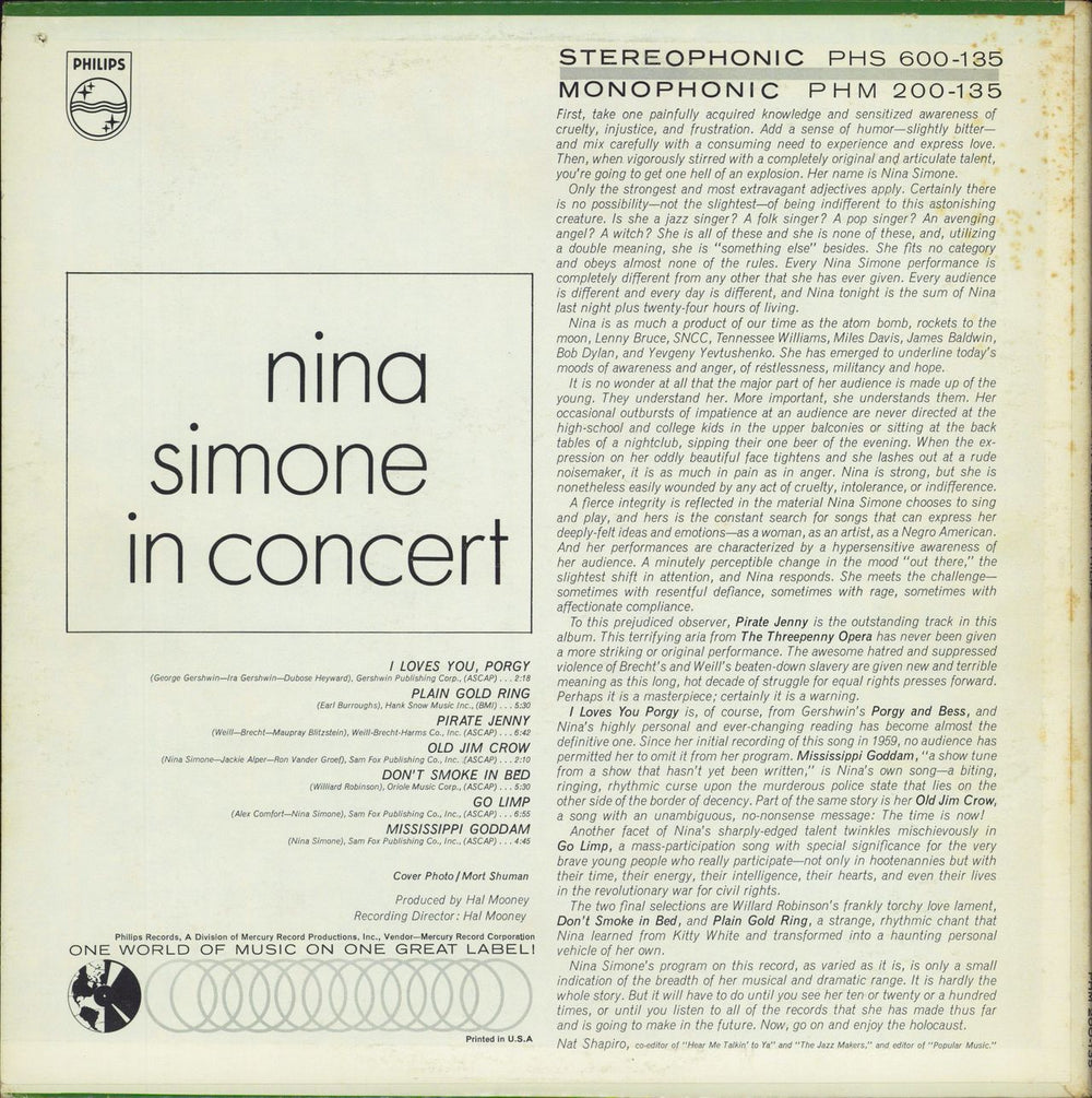 Nina Simone In Concert US vinyl LP album (LP record)