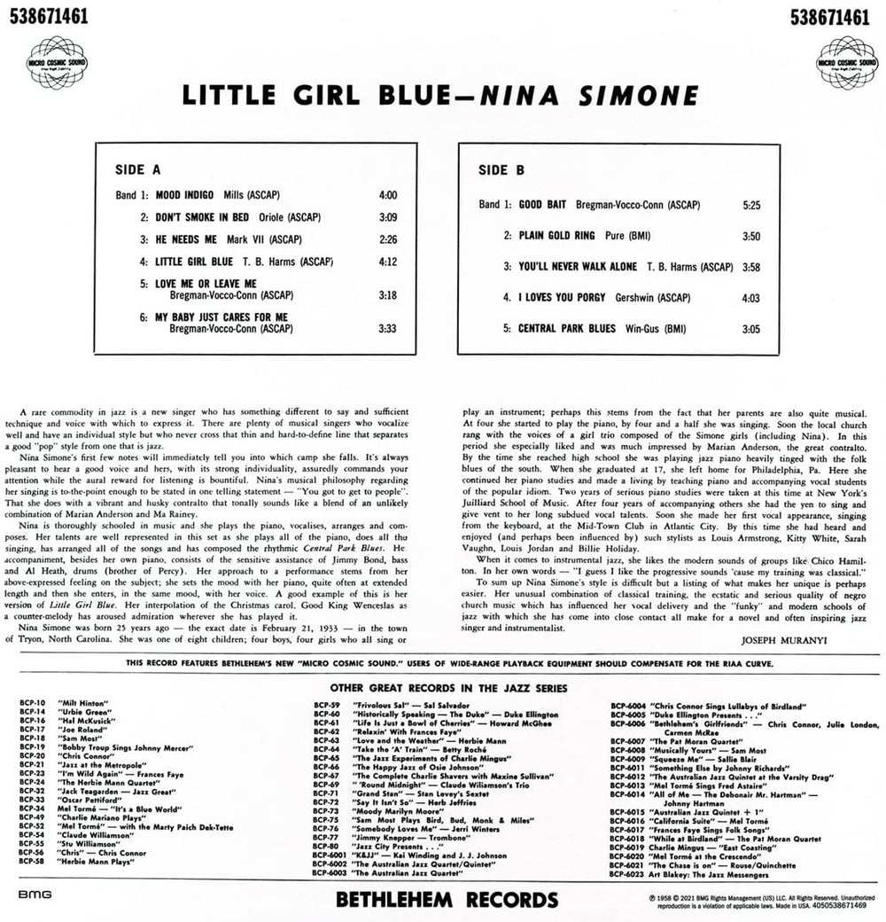 Nina Simone Little Girl Blue - 2021 Stereo Remaster - Blue Vinyl - Sealed US vinyl LP album (LP record) 4050538680843