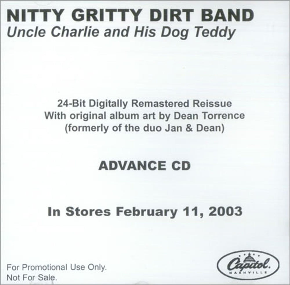 Nitty Gritty Dirt Band Uncle Charlie & His Dog Teddy US Promo CD-R acetate CD-R ACETATE