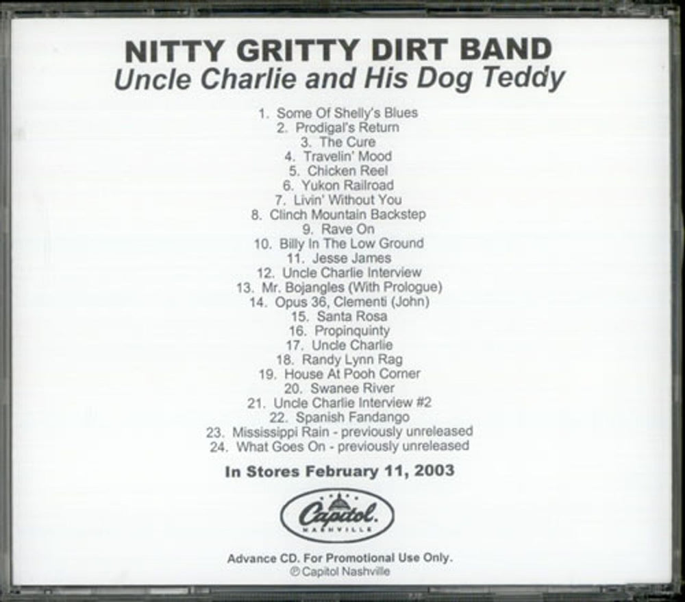 Nitty Gritty Dirt Band Uncle Charlie & His Dog Teddy US Promo CD-R acetate NGDCRUN528310