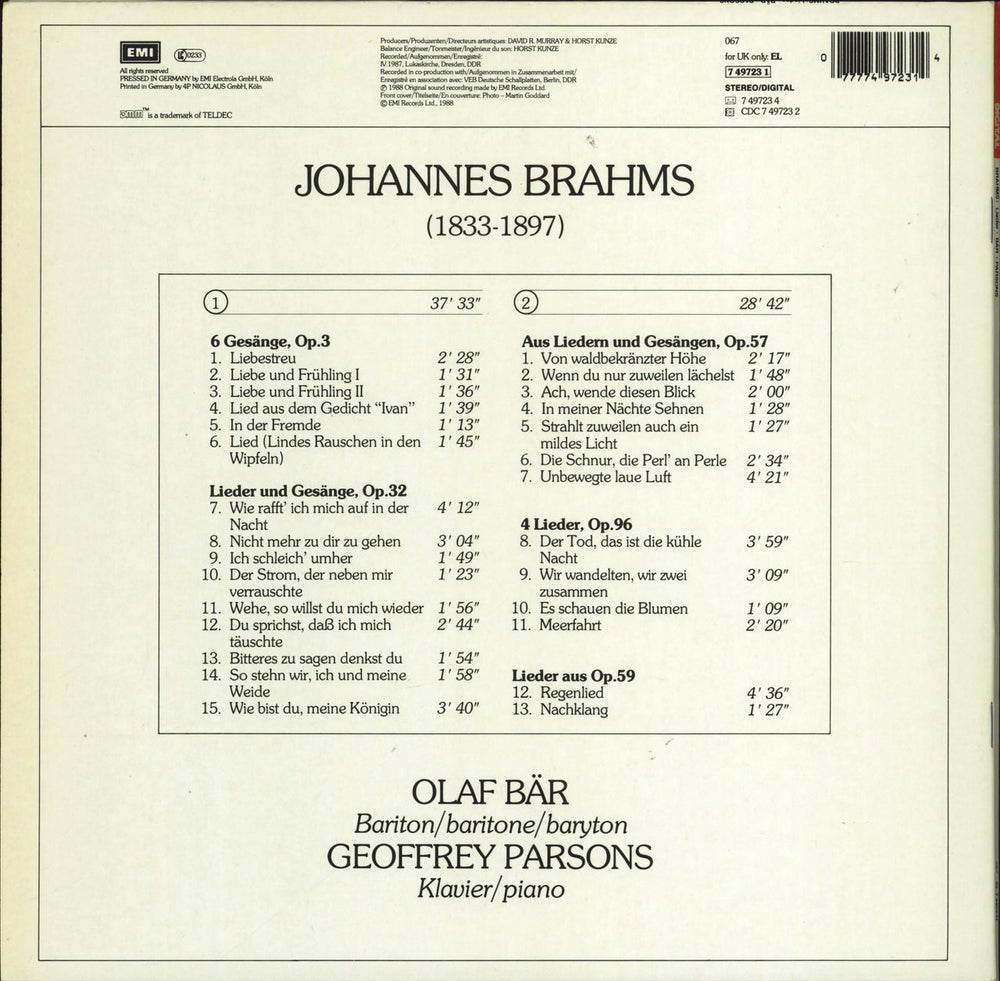 Olaf Bär & Geoffrey Parsons Brahms: Leider German vinyl LP album (LP record) 077774972314