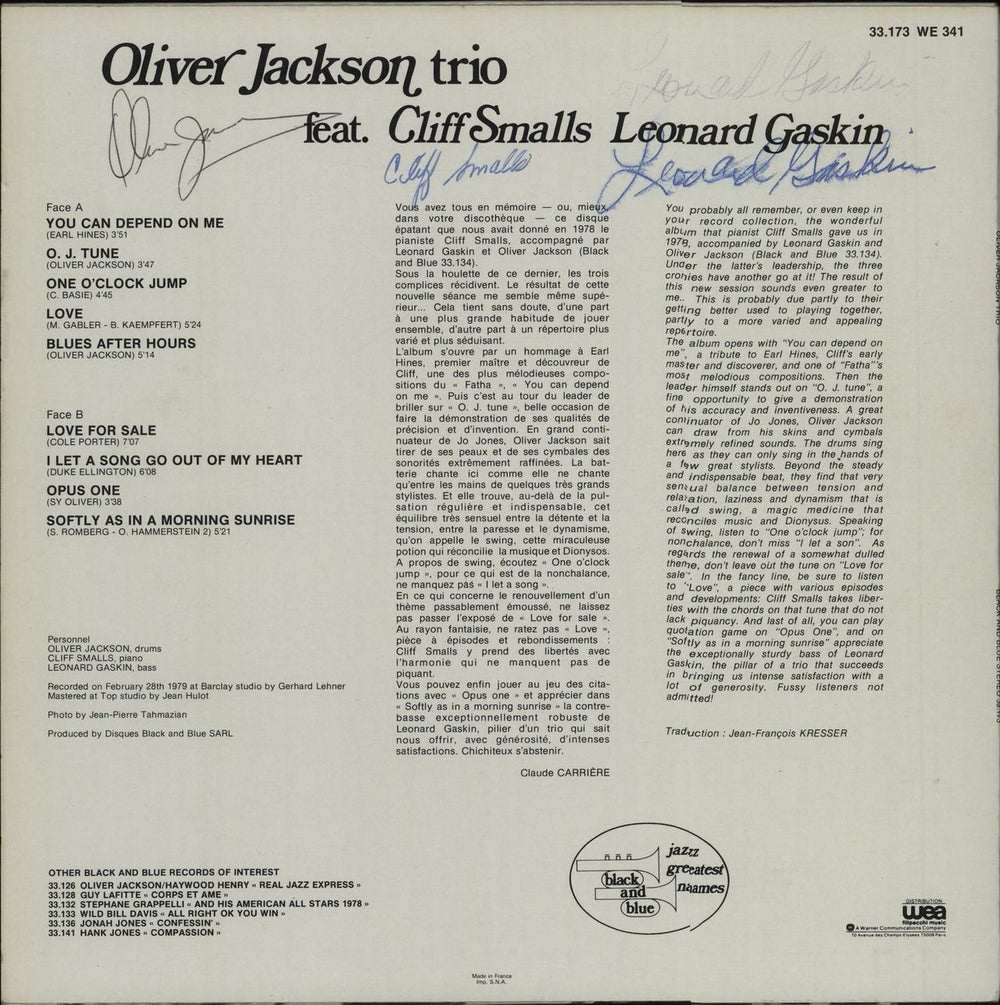 Oliver Jackson Oliver Jackson Trio - Autographed French vinyl LP album (LP record) OMULPOL676297