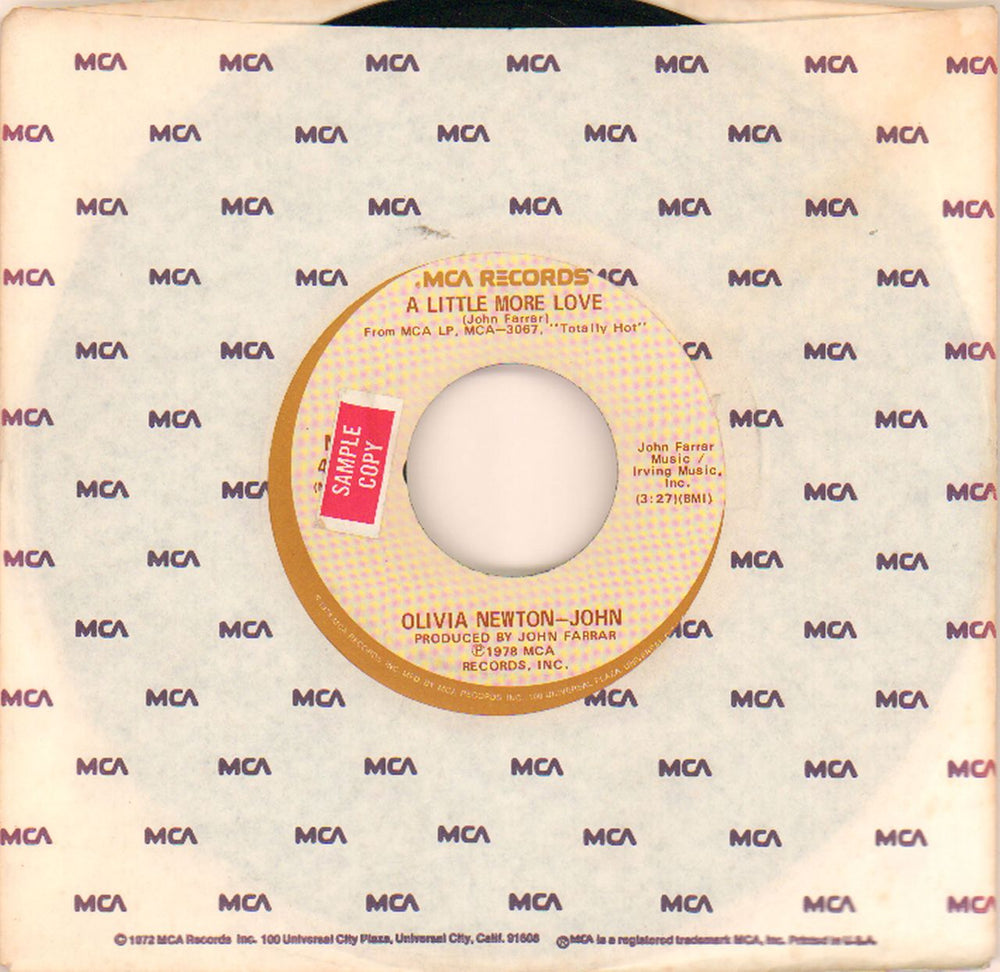 Olivia Newton John A Little More Love - Sample US 7" vinyl single (7 inch record / 45) MCA-40975