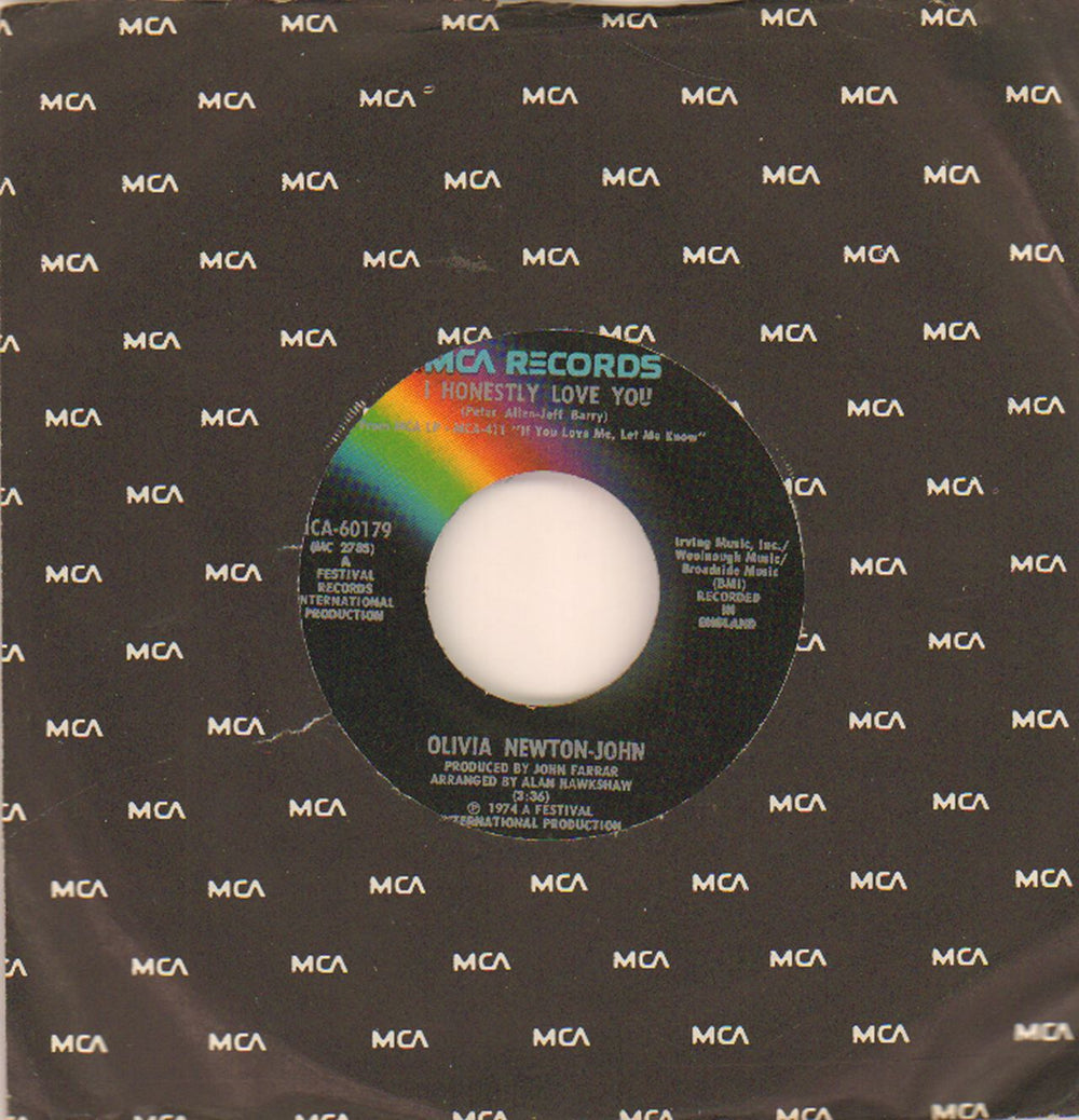 Olivia Newton John I Honestly Love You - black label US 7" vinyl single (7 inch record / 45) MCA-60179