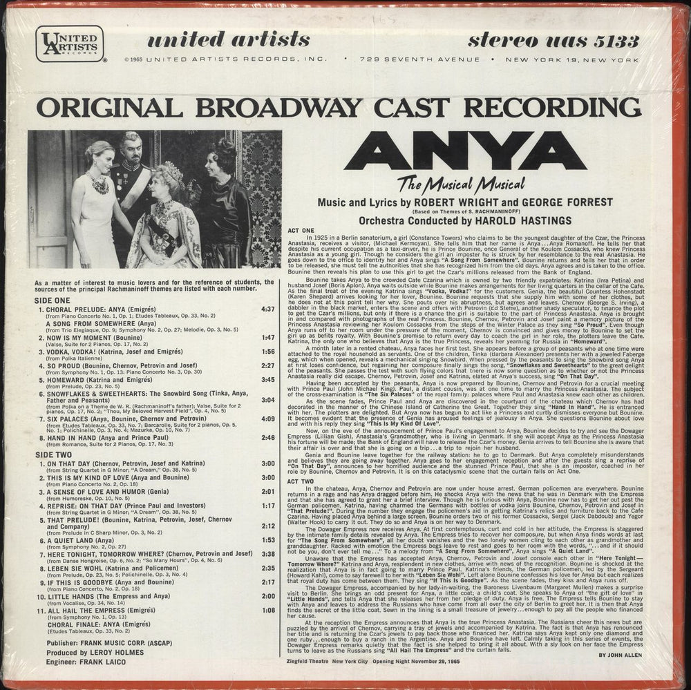 Original Cast Recording Anya US vinyl LP album (LP record)