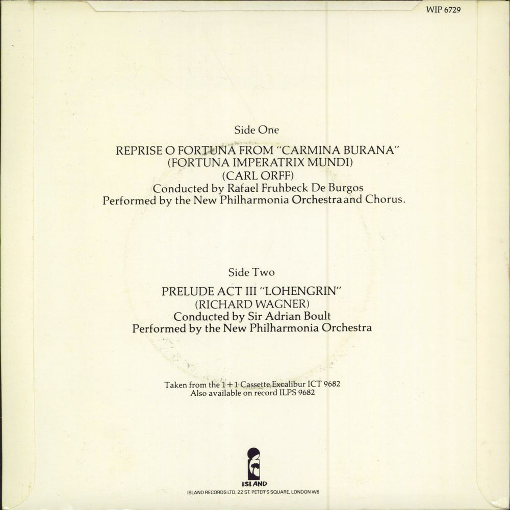 Original Soundtrack Reprise O Fortuna From "Carmina Burana" (Fortuna Imperatrix Mundi) UK 7" vinyl single (7 inch record / 45)