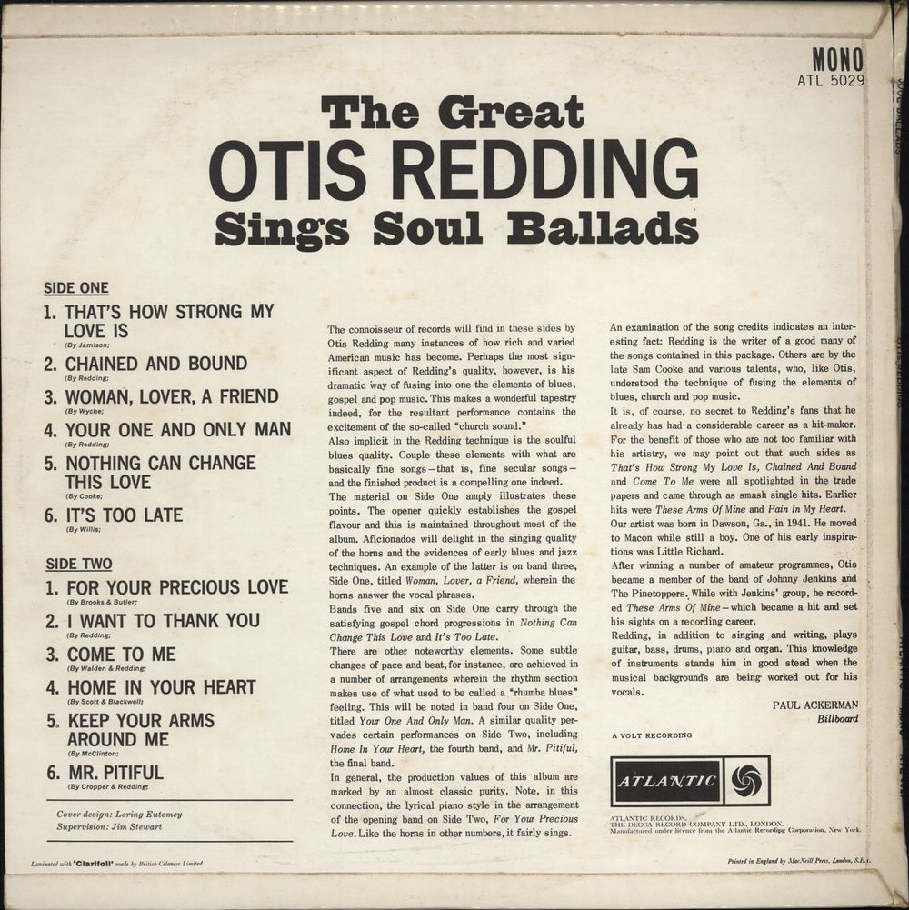 Otis Redding The Great Otis Redding Sings Soul Ballads UK vinyl LP album (LP record)