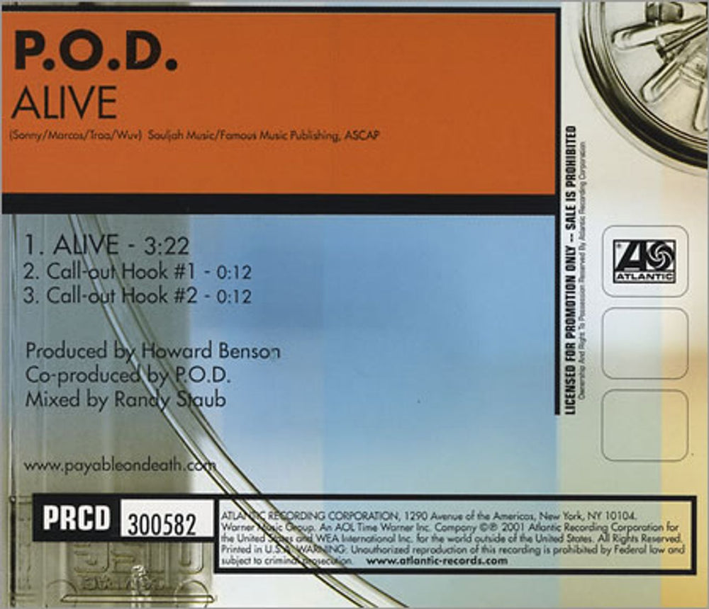 P.O.D. Alive US Promo CD single (CD5 / 5") P.OC5AL198776