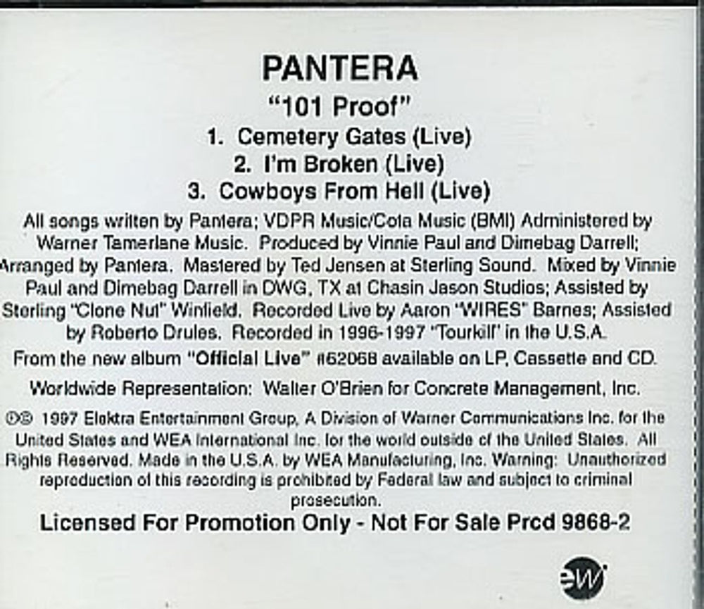 Pantera 101 Proof US Promo CD single (CD5 / 5") PRCD-9868-2