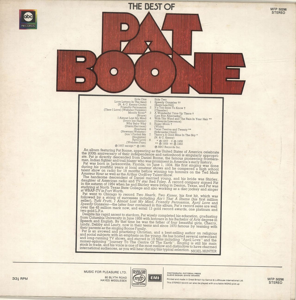 Pat Boone The Best Of Pat Boone UK vinyl LP album (LP record)