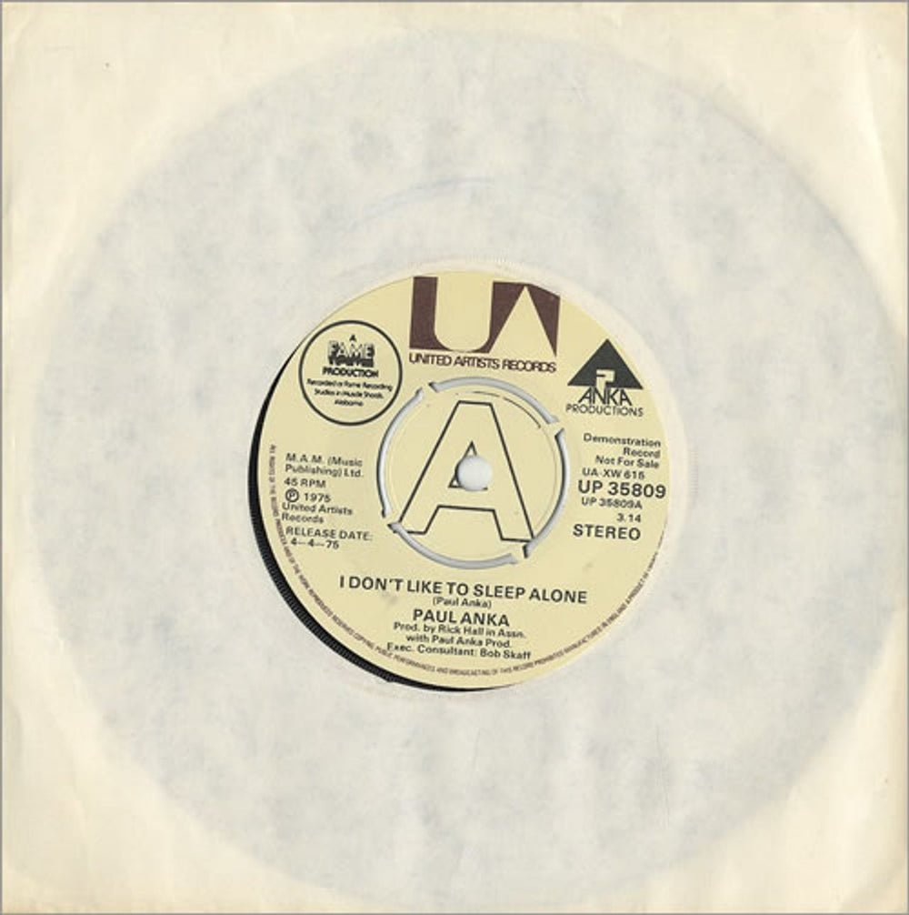 Paul Anka I Don't Like To Sleep Alone UK Promo 7" vinyl single (7 inch record / 45) UP35809