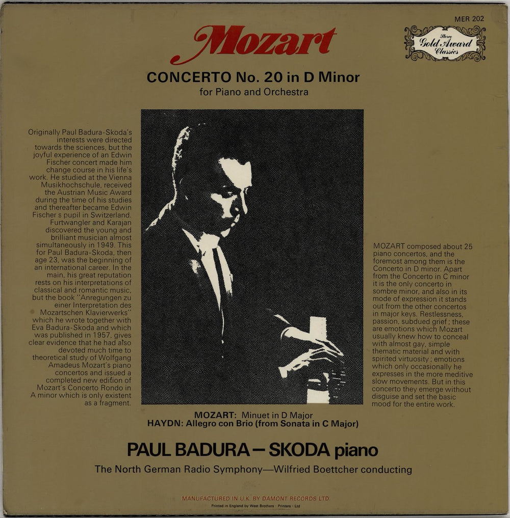 Paul Badura-Skoda Mozart: Piano Concerto No. 20 UK vinyl LP album (LP record)